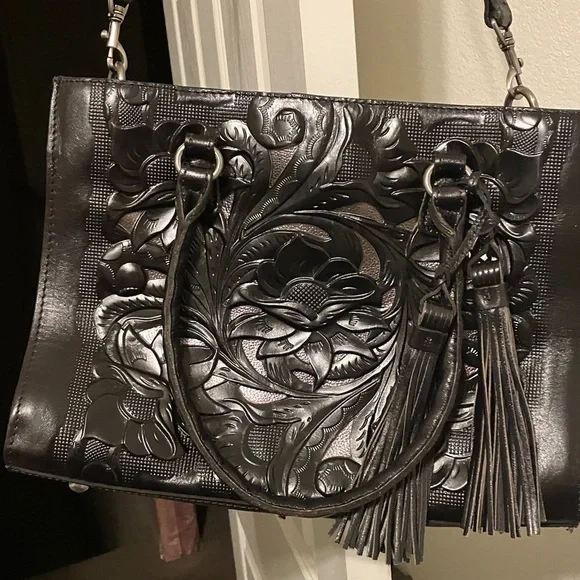 ☑️PATRICIA NASH BURNISHED ALL LEATHER ADELINE TOTE  BAG black - Picture 2 of 11